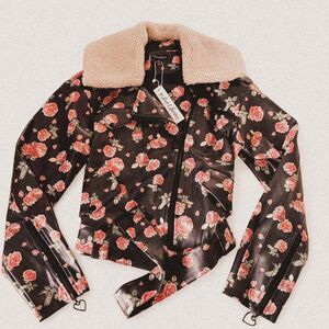 For Love & Lemons Wren Vegan Leather Moto Jacket Floral Rose Romantic Grunge new